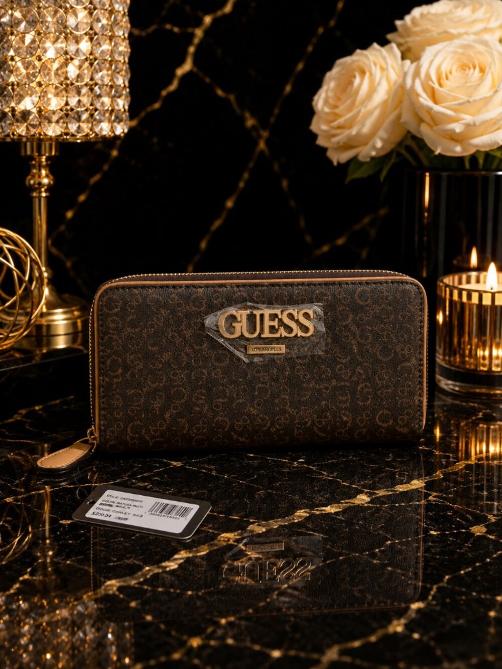 GUESS Conley Logo Zip Around Wallet Natural Multi Brown Tan Gold NWT